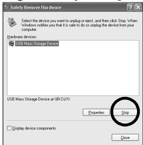 JVC GR-D770 - Seleccione [USB Mass Storage Device] ou [USB Disk]. Em seguida, clique em [Parar]. - 1