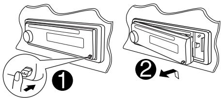 Diagram showing two steps of installing a door panel, labeled with numbered instructions and an arrow indicating direction.