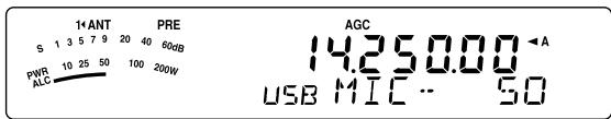 1+ANT PRE S 1 3 5 7 9 20 40 60dB PWR 10 25 50 100 200W ALC AGC 14.250.00 USB MIC - 50