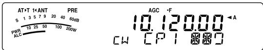 AT>T 1+ANT PRE S 1 3 5 7 9 20 40 60dB PWR 10 25 50 100 200W ALC AGC -F 10.120.00 A CW CP I ☐☐☐