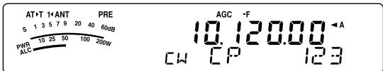 AT×T 1×ANT PRE S 1 3 5 7 9 20 40 60dB PWR 10 25 50 100 200W ALC AGC -F 10.120.00 A CW CP 123