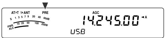 AT+T 1+ANT PRE S 1 3 5 7 9 20 40 60dB PWR 10 25 50 100 200W ALC AGC 14.245.00 ←A USB