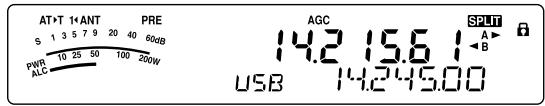 AT+T 1+ANT PRE S 1 3 5 7 9 20 40 60dB PWR 10 25 50 100 200W ALC AGC 14.2 15.6 1 USB 14.245.00 SPLIT A ▶ ← B a