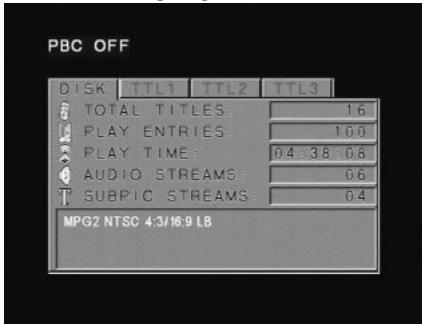 PBC OFF DISK TTL1 TTL2 TTL3 TOTAL TITLES: 16 PLAY ENTRIES: 100 PLAY TIME: 0.4 3.8 0.8 AUDIO STREAMS: 0.6 SUBPIC STREAMS: 0.4 MPG2 NTSC 4:3/16:9 LB