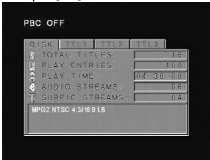 PBC OFF DISK TTL1 TTL2 TTL3 TOTAL TITLES: 16 PLAY ENTRIES: 100 PLAY TIME: 04 38 08 AUDIO STREAMS: 06 SUBPIC STREAMS: 04 MPG2 NTSC 4:3/16:9 LB