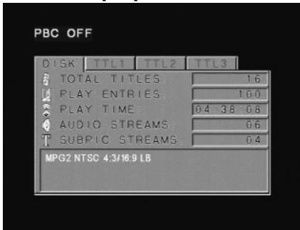 PBC OFF DISK TTL1 TTL2 TTL3 TOTAL TITLES: 16 PLAY ENTRIES: 10.0 PLAY TIME: 04 38 08 AUDIO STREAMS: 0.6 SUBPIC STREAMS: 0.4 MPG2 NTSC 4:3/16:9 LB