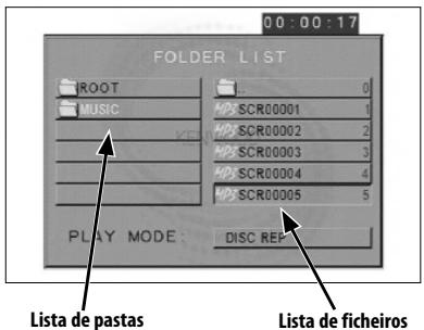 FOLDER LIST ROOT MUSIC 0 SCR00001 SCR00002 SCR00003 SCR00004 SCR00005 PLAY MODE DISC REP Lista de pastas Lista de ficheiros