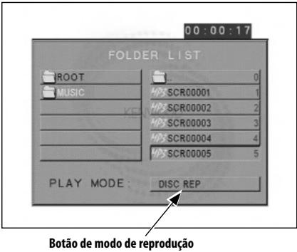 FOLDER LIST ROOT MUSIC 0 MP3 SCR00001 1 MP3 SCR00002 2 MP3 SCR00003 3 MP3 SCR00004 4 MP3 SCR00005 5 PLAY MODE: DISC REP Botão de modo de reprodução