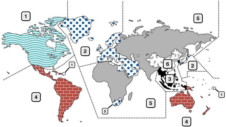 World map with numbered regions and colored dot patterns, highlighting key countries like the United States, Canada, and Australia.