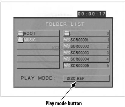 FOLDER LIST ROOT MUSIC HPS SCR00001 HPS SCR00002 HPS SCR00003 HPS SCR00004 HPS SCR00005 0 1 2 3 4 5 PLAY MODE: DISC REP Play mode button