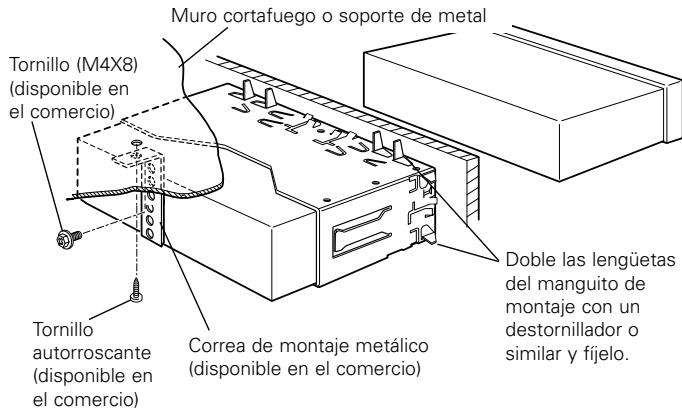 Muro cortafuego o soporte de metal Tornillo (M4X8) (disponible en el comercio) Tornillo autorroscante (disponible en el comercio) Correa de montaje metálico (disponible en el comercio) Doble las lengüetas del manguito de montaje con un destornillador o similar y fijelo.