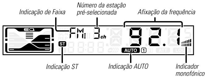 Indicação de Faixa Número da estação pré-selecionada Afixação da frequência FM 3ch 92.1 ST AUTO ① Indicação ST Indicação AUTO Indicador monofónico