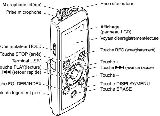 Microphone intégré Prise microphone Commutateur HOLD Touche STOP (arrêt) Terminal USB* Touche PLAY(lecture) I◄◄ (retour rapide) Touche FOLDER/INDEX le du logement piles Prise d'écouteur Affichage (panneau LCD) Voyant d'enregistrement/lecture Touche REC (enregistrement) Touche + Touche ►►► (avance rapide) Touche - Touche DISPLAY/MENU Touche ERASE