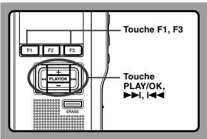 Touche F1, F3 F1 F2 F3 + PLAY/OK - Touche PLAY/OK, ►►I, I◄► ERASE