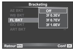 Bracketing AE BKT WB BKT FL BKT ISO BKT ART BKT Off 3f 0.3EV 3f 0.7EV 3f 1.0EV Retour MENU Conf OK