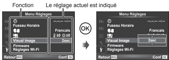 Fonction Le réglage actuel est indiqué Menu Réglages Fuseau Horaire Francais Visual Image 2sec Francais Firmware Réglages Wi-Fi Refour MENU Conf OK Menu Réglages Fuseau Horaire Francais Visual Image 2sec Firmware Réglages Wi-Fi Refour MENU Conf OK