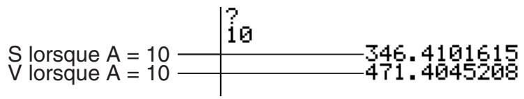 CASIO GRAPH 75 - Calculer l'aire (cm²) et le volume (cm³) de trois octaèdres réguliers dont les côtés mesurent 7, 10 et 15 cm - 4