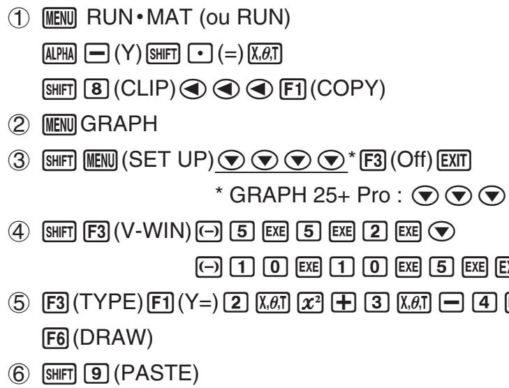 CASIO GRAPH 75 - Exemple Lorsque le graphe y = 2x^2 + 3x - 4 est affiché, coller la fonction Y=X copiée dans le presse-papiers. - 1