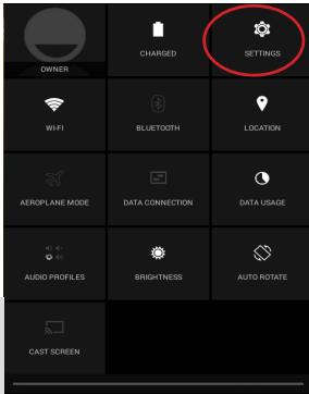 OWNER CHARGED SETTINGS WiFi BLUETOOTH LOCATION AEROPLANE MODE DATA CONNECTION DATA USAGE AUDIO PROFILES BRIGHTNESS AUTO ROTATE CAST SCREEN