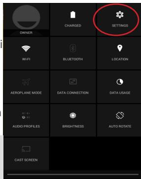 OWNER CHARGED SETTINGS WIFI BLUETOOTH LOCATION AEROPLANE MODE DATA CONNECTION DATA USAGE AUDIO PROFILES BRIGHTNESS AUTO ROTATE CAST SCREEN