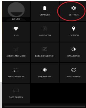 OWNER CHARGED SETTINGS WiFi BLUETOOTH LOCATION AEROPLANE MODE DATA CONNECTION DATA USAGE AUDIO PROFILES BRIGHTNESS AUTO ROTATE CAST SCREEN