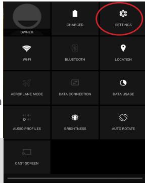OWNER CHARGED SETTINGS WIFI BLUETOOTH LOCATION AEROPLANE MODE DATA CONNECTION DATA USAGE AUDIO PROFILES BRIGHTNESS AUTO ROTATE CAST SCREEN