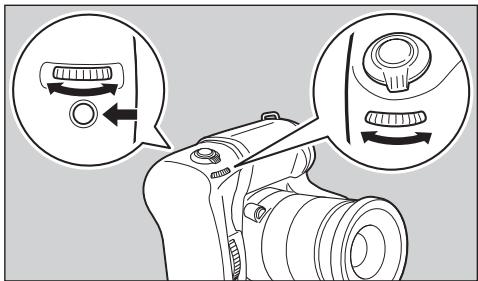 Diagram illustrating camera adjustment with labeled parts and directional arrows indicating movement or rotation.