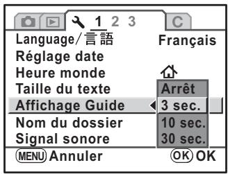 PENTAX K-M - Réglage de la durée d'affichage du guide - 1