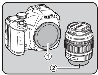 PENTAX K-M - Retirez les caches de la monture du boîtier (1) et de la monture de l'objet (2). - 1