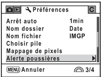 PENTAX K20D - Sélectionnez [Alerte poussières] dans le menu [↗ Préférences]. - 1