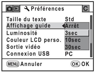 PENTAX K20D - Réglage de la durée d'affichage du guide - 1