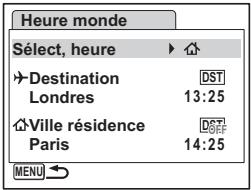 PENTAX OPTIO V20 - Affichage de l'heure de la destination sur l'écran (Sélect, heure) - 1