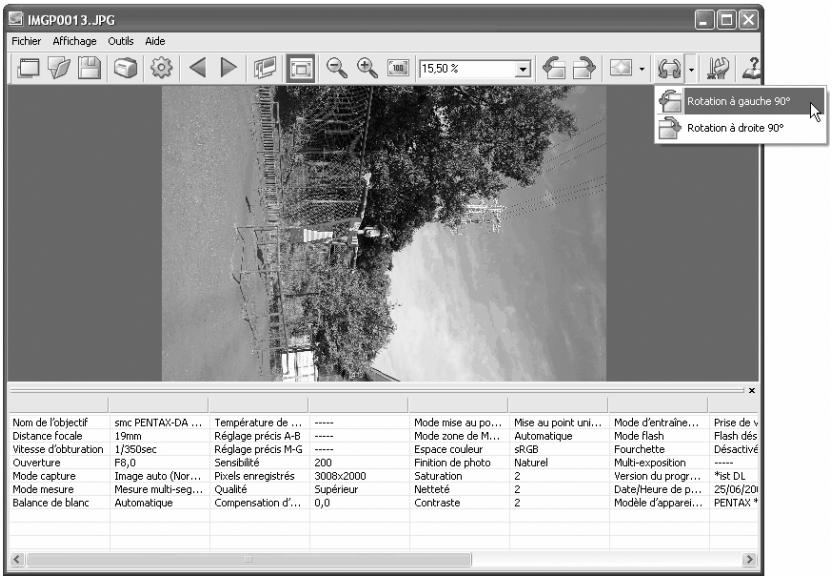 PENTAX PHOTO BROWSER 2.1 - Sélectionnez la commande [Orienter image], [à gauche 90°] ou [à droite 90°] dans le menu [Outils] de la fenêtre d'image principale ou cliquez sur le bouton ▼ à droite de l'icône 📄, puis sur 📋 ou 📋. - 1