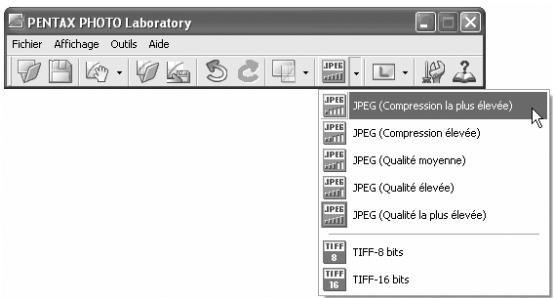 PENTAX PHOTO BROWSER 2.1 - Sélectionnez la commande [Mode enregistrement] dans le menu [Outils] ou cliquez sur le bouton à droite de l'icône pour sélectionner le format d'enregistrement. - 1