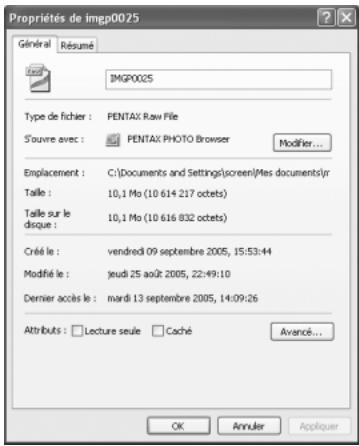 PENTAX PHOTO BROWSER 2.1 - Affichage des propriétés des dossiers/fichiers image (sous Windows) - 2