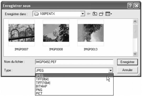 PENTAX PHOTO BROWSER 2.1 - Spécifiez les paramètres [Enregistrer dans], [Nom du fichier] et [Type], puis cliquez sur [Enregistrer]. - 1