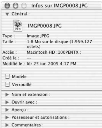 PENTAX PHOTO BROWSER 2.1 - Affichage des propriétés des dossiers/fichiers image (sous Macintosh) - 2