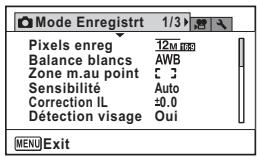 Mode Enregistrt 1/3 Pixels enreg 12M 10G Balance blancs AWB Zone m.au point C 3 Sensibilité Auto Correction IL ±0.0 Détection visage Oui MENU Exit