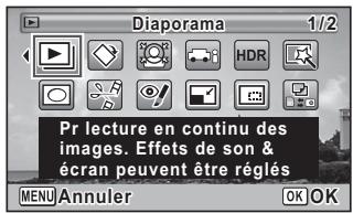 Diaporama 1/2 Pr lecture en continu des images. Effets de son & écran peuvent être réglés MENU Annuler OK OK