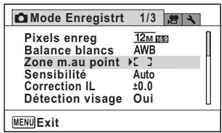 Mode Enregistrt 1/3 Pixels enreg 12M 100 Balance blancs AWB Zone m.au point ▶ C 3 Sensibilité Auto Correction IL ±0.0 Détection visage Oui MENU Exit