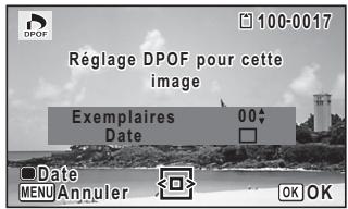 DPOF 100-0017 Réglage DPOF pour cette image Exemplaires 00 Date Date MENU Annuler OK OK