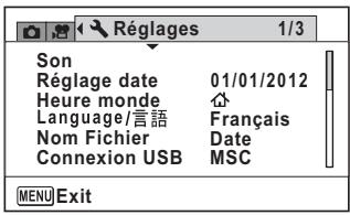 Réglages 1/3 Son Réglage date 01/01/2012 Heure monde Language/言語 Français Nom Fichier Date Connexion USB MSC MENU Exit