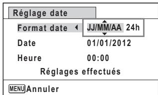 Réglage date Format date ← JJ/MM/AA 24h Date 01/01/2012 Heure 00:00 Réglages effectués MENU Annuler