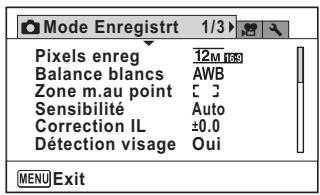 Mode Enregistr 1/3 Pixels enreg 12M 100 Balance blancs AWB Zone m.au point C 3 Sensibilité Auto Correction IL ±0.0 Détection visage Oui MENU Exit