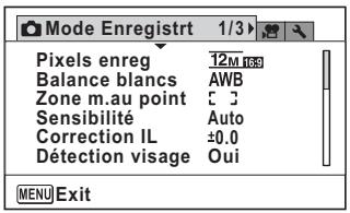 Mode Enregistrt 1/3> Pixels enreg 12M 100 Balance blancs AWB Zone m.au point C 3 Sensibilité Auto Correction IL ±0.0 Détection visage Oui MENU Exit