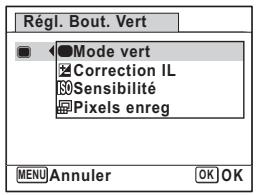 Régl. Bout. Vert Mode vert Correction IL Sensibilité Pixels enreg MENU Annuler OK OK