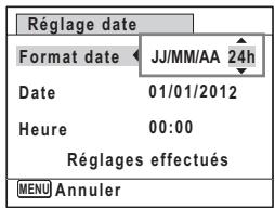 Réglage date Format date JJ/MM/AA 24h Date 01/01/2012 Heure 00:00 Réglages effectués MENU Annuler