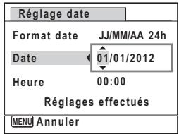 Réglage date Format date JJ/MM/AA 24h Date 01/01/2012 Heure 00:00 Réglages effectués MENU Annulier
