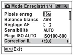 Mode Enregistrt 1/4 Pixels enreg 16M Balance blancs AWB Réglage AF Sensibilité AUTO Plage ISO AUTO ISO100-800 Correction IL ±0.0 MENU Exit
