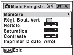 Mémoire Régl. Bout. Vert Netteté Saturation Contraste Imprimer la date Arrêt MENU Exit